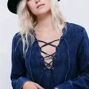 Free People Neapolitan Dreams Denim Blue Denim Lace-Up Tunic Long Sleeve Size M